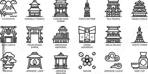 Japanese Architecture Icons Temples, Castles, Gardens, and More – Vector EPS Illustration