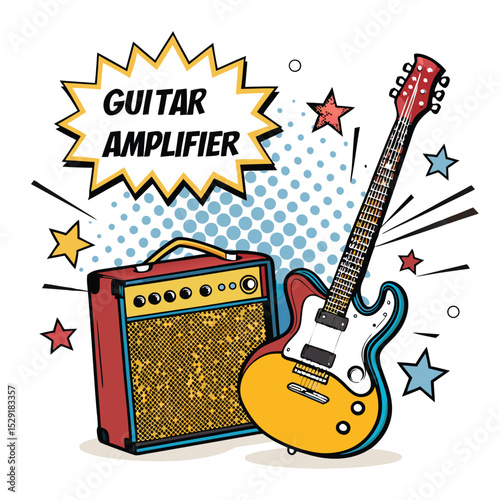Design a vibrant pop art flyer featuring a guitar and amplifier, incorporating bold colors, Ben-Day dots, and a speech bubble with catchy text.  Emphasis on retro style.