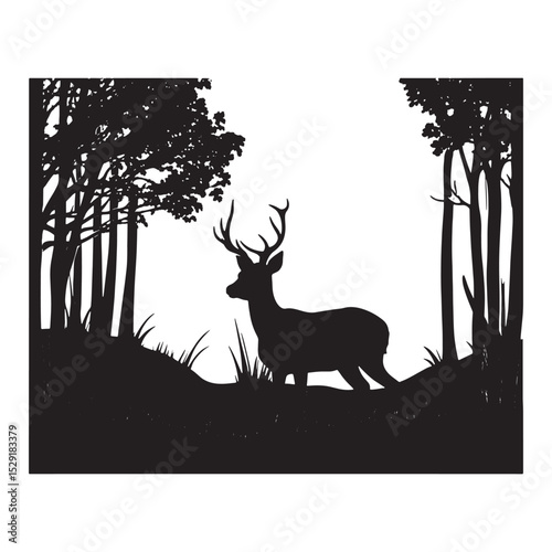 Serene Deer Silhouette in Dense Forest Trees Tranquil Woodland Scene Vector