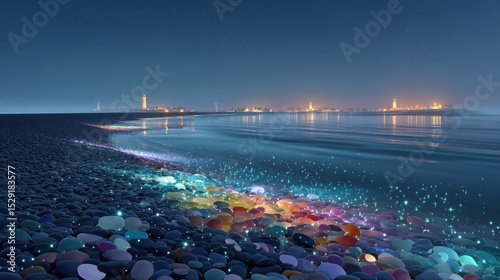 8K UE5 3D: Luminous Beach with Bioluminescent Stones, Fluorescent Ocean & Lighthouse Under Star-Moonlight | Ultra-Wide Aerial View