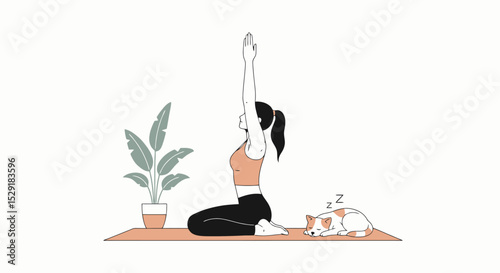 Serene Yoga Practice with Sleeping Cat Illustration