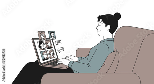 Virtual Meeting Illustration: Woman Connecting with Colleagues Online