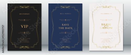 Elegant wedding invitation set featuring gold ornate frames on black, navy blue, and cream backgrounds. Includes VIP invitation, save the date, and main wedding card templates.
