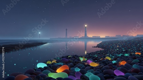 8K UE5 3D: Luminous Beach with Bioluminescent Stones, Fluorescent Ocean & Lighthouse Under Star-Moonlight | Ultra-Wide Aerial View
