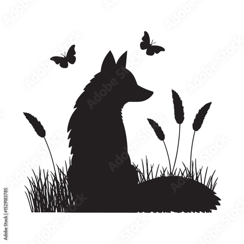 Stylized Fox Silhouette Sitting in Grass with Flying Butterflies Nature Inspired Art