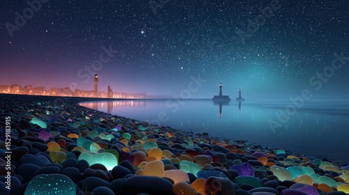 8K UE5 3D: Luminous Beach with Bioluminescent Stones, Fluorescent Ocean & Lighthouse Under Star-Moonlight | Ultra-Wide Aerial View