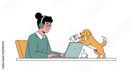 Remote Work Chaos: Woman, Laptop, and Playful Dog