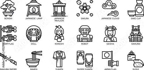 Japanese Culture Pixel Art Icons A Comprehensive Collection of 24 Unique Designs, Featuring Traditional Symbols, Clothing, and Food, Ideal for Websites, Apps, and Presentations.