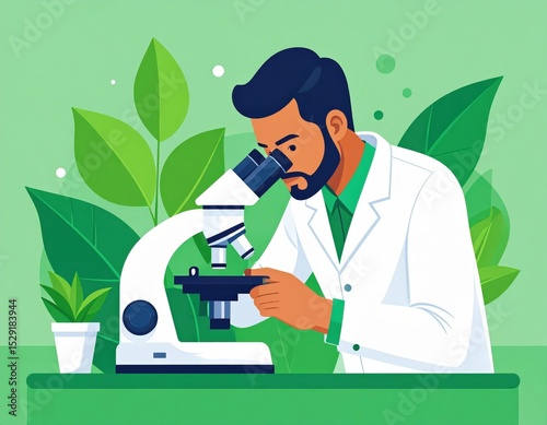 Scientist Examining Microscope With Green Plants Background