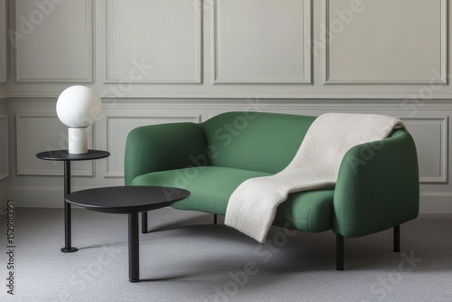 Modern green sofa with beige blanket in elegant living room interior, soft lighting, minimalist style, paneled wall, designer furniture and cozy home decor for catalog, promotion or advertisement
