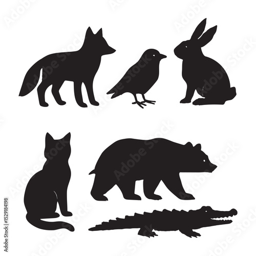Wild Animal Silhouettes Fox Rabbit Bear and Crocodile Diverse Creature Set