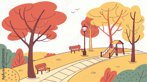 Autumnal Park Cartoon Vibrant Trees, Winding Paths, and Playful Slides