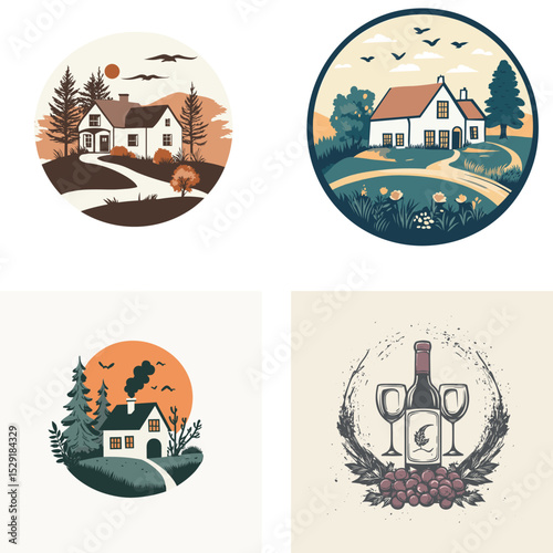 Collection of charming vector illustrations featuring idyllic landscapes with houses and wine related themes in circle compositions.