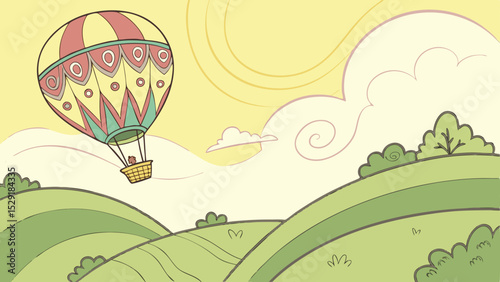 Colorful Hot Air Balloon Adventure Soaring Over Rolling Hills Landscape