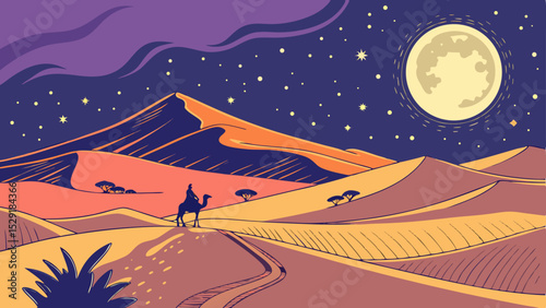 Enthralling Colorful Night Desert Landscape Under Starry Sky and Full Moon