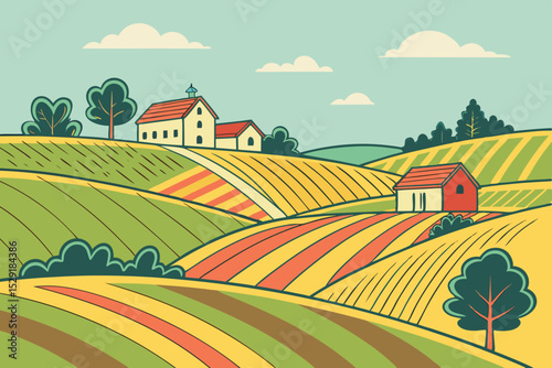 Vibrant Colorful Rural Farm Landscape Rolling Fields, Barns, and Farmhouses
