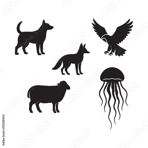Wildlife Silhouettes with Deer Fox Bird Goat and Jellyfish