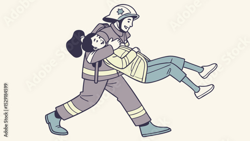 Emergency Responder's Courage Firefighter Carrying Child to Safety - A Powerful Illustration