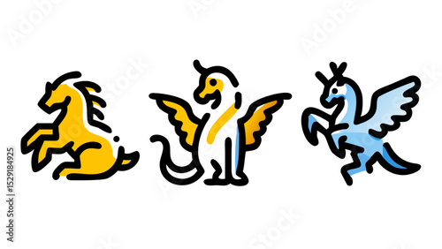 Mythical Creature Icon Set Dragon, Phoenix, and Unicorn - Vector Illustrations