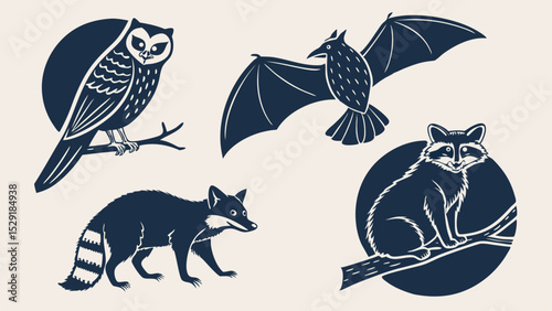 Nocturnal Animal Icon Set Owl, Bat, Fox, Raccoon - Vector Graphics