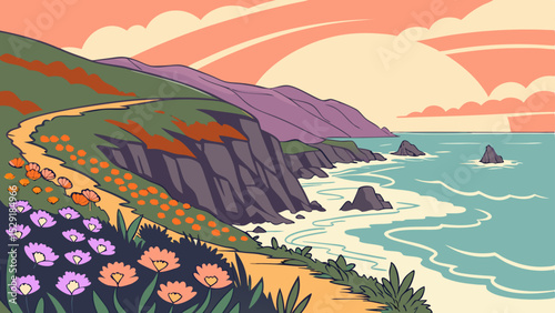 Vibrant Ocean Cliffside Landscape with Colorful Wildflowers A Serene Sunset Vista