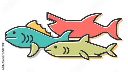 Ocean Predator Icon Set Sharks, Orcas, Barracuda -  A Vibrant Collection of Aquatic Life Illustrations