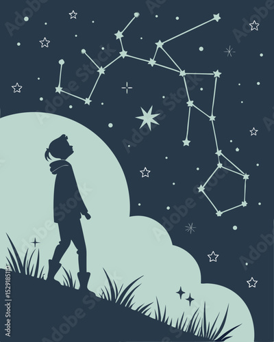 Night Sky Silhouette A Person Gazing at Constellations, Stars, and Dreams