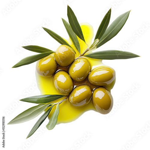 Fresh green olives branch olive oil spill