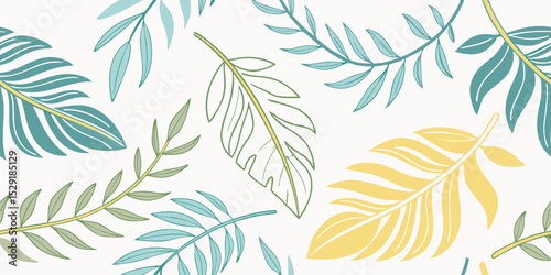 Seamless Vector Pattern Hand-Drawn Tropical Leaves in Pastel Hues - Perfect for Summer Designs