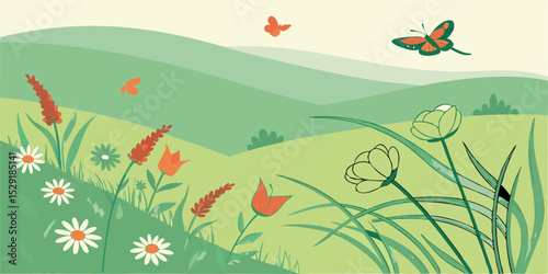Spring Meadow Landscape Wildflowers, Butterflies, and Serene Hills
