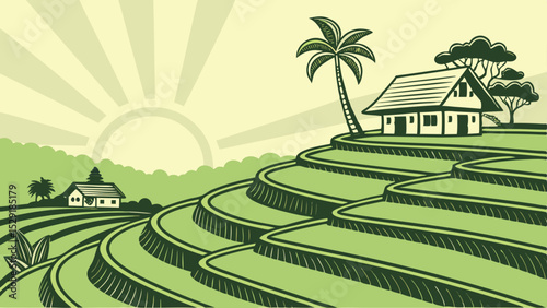 Stunning Stylized Rice Terraces Illustration Vibrant Green Hills, Houses, and Palm Trees at Sunrise
