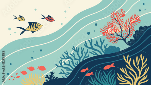 Stylized Coral Reef Underwater Scene Colorful Fish and Vibrant Coral - Vector Illustration