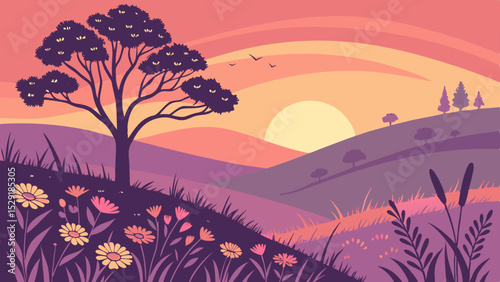 Sunset Hues Vibrant Flower-Covered Hills, a Serene Landscape Illustration