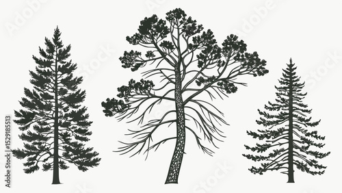 Top-View Coniferous Tree Icon Set Pine, Spruce, Fir - Vector Illustration