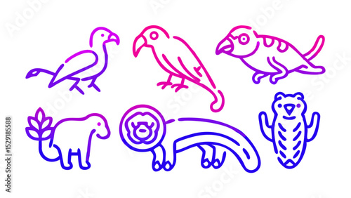 Vibrant Tropical Animal Icon Set Monkey, Toucan, Parrot, and More