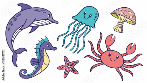 Adorable Underwater Sea Creature Icon Set Dolphin, Jellyfish, Seahorse, Crab, Starfish