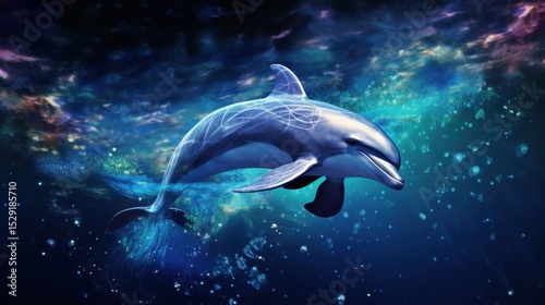 Dolphin swimming gracefully underwater digital art vibrant colors close-up marine life concept