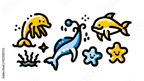 Adorable Underwater Sea Creature Icon Set Dolphins, Whales, and Starfish