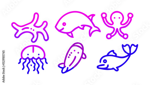 Vibrant Underwater Sea Creature Icon Set Dolphin, Octopus, Jellyfish, and More