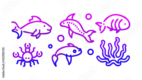 Vibrant Underwater Sea Creature Icon Set Dolphins, Fish, and More