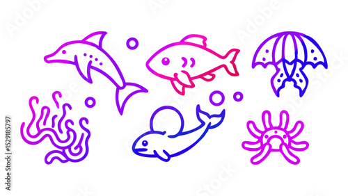 Vibrant Underwater Sea Creature Icon Set Dolphin, Whale, Fish, Jellyfish, and More