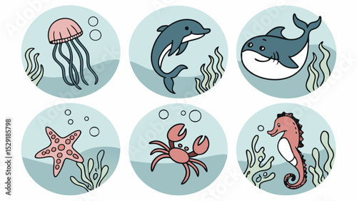 Adorable Underwater Sea Creature Icon Set Dolphins, Jellyfish, Sharks, and More!