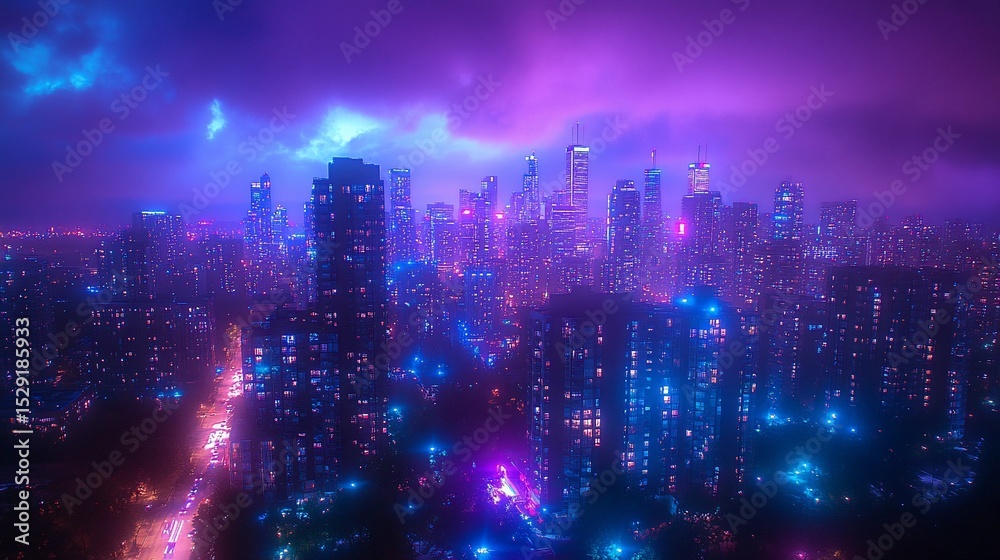Fototapeta premium Aerial view of a vibrant, neon-lit city at night