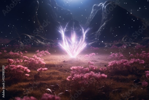 Mystical energy emanating from magical flora enchanted valley digital art ethereal nighttime landscape artistic viewpoint