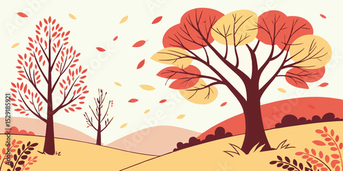 Whimsical Autumn Forest Landscape A Charming Illustration of Falling Leaves and Colorful Trees