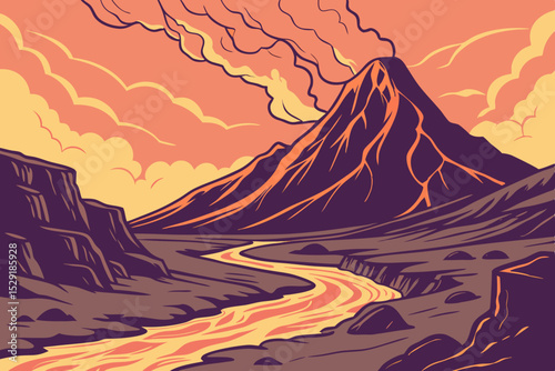 Vibrant Vector Volcano Landscape Lava Flow, Dramatic Sunset, and River