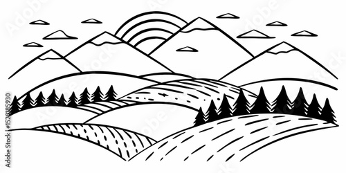 Serene Rolling Hills Landscape A Vibrant Vector Illustration of Majestic Mountains and Lush Fields