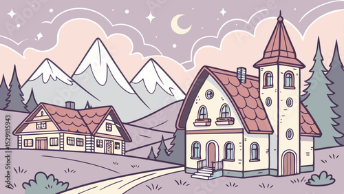 Whimsical Alpine Village Landscape Colorful Night Scene Illustration
