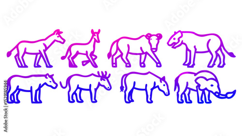 Wild African Safari Animal Icon Collection Featuring Line Art Giraffe, Elephant, Rhino, and More!