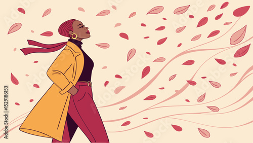 Autumn Breeze Woman in Yellow Coat, Embracing the Falling Leaves and Serene Fall Air